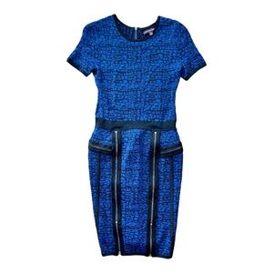 Marchesa Voyage Womens Bodycon Knit Zip Dress Blue Black Print Short Sleeve S